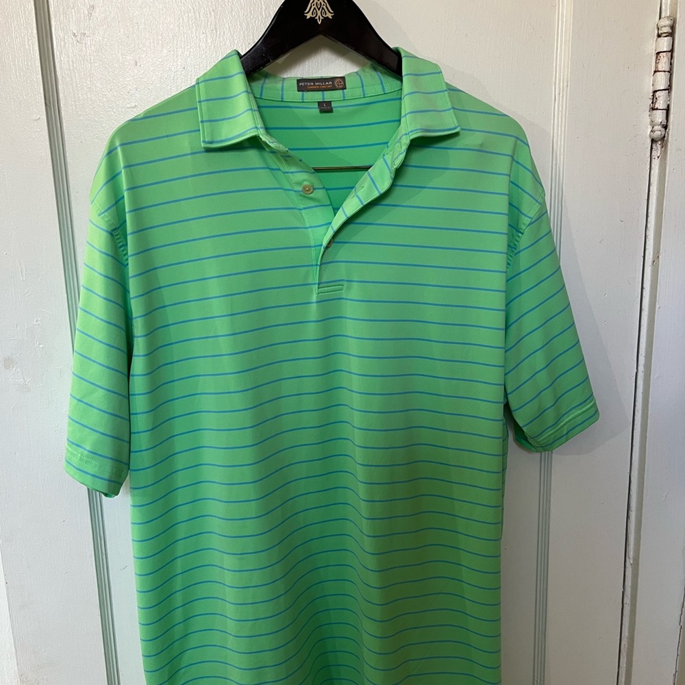 Peter Millar Summer Comfort Green Blue Striped Golf Polo Shirt Mens Large - Picture 2 of 7